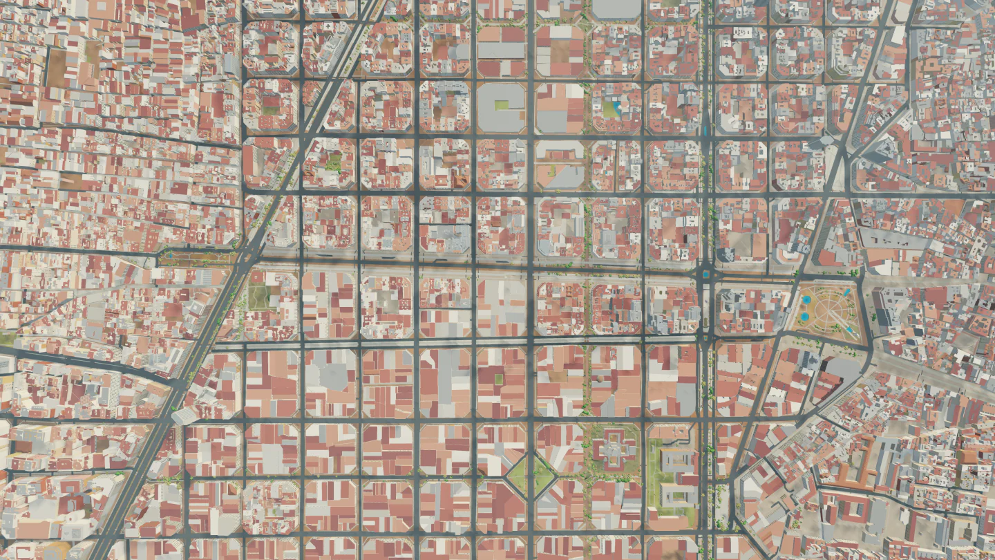 Eixample grid, straight down, Barcelona, Spain. Rendered in Low Poly Earth.