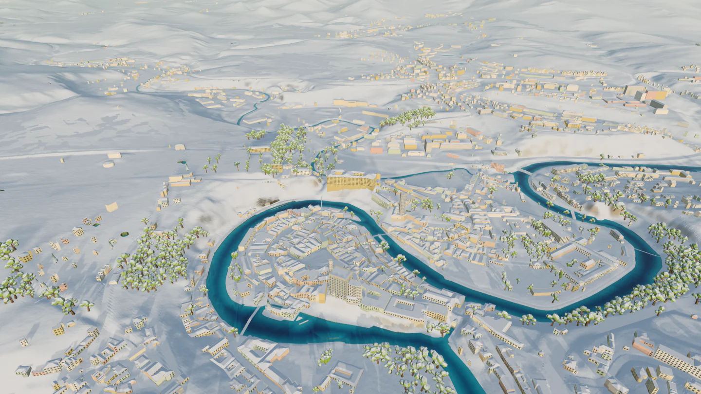 River bend in snow, Český Krumlov, Czechia. Rendered in Low Poly Earth.