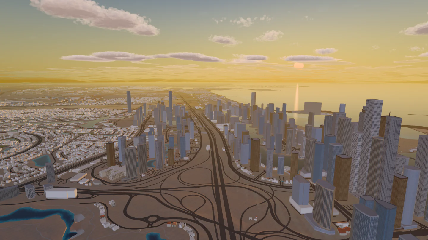Dubai Marina at sunset, Dubai, United Arab Emirates. Rendered in Low Poly Earth.