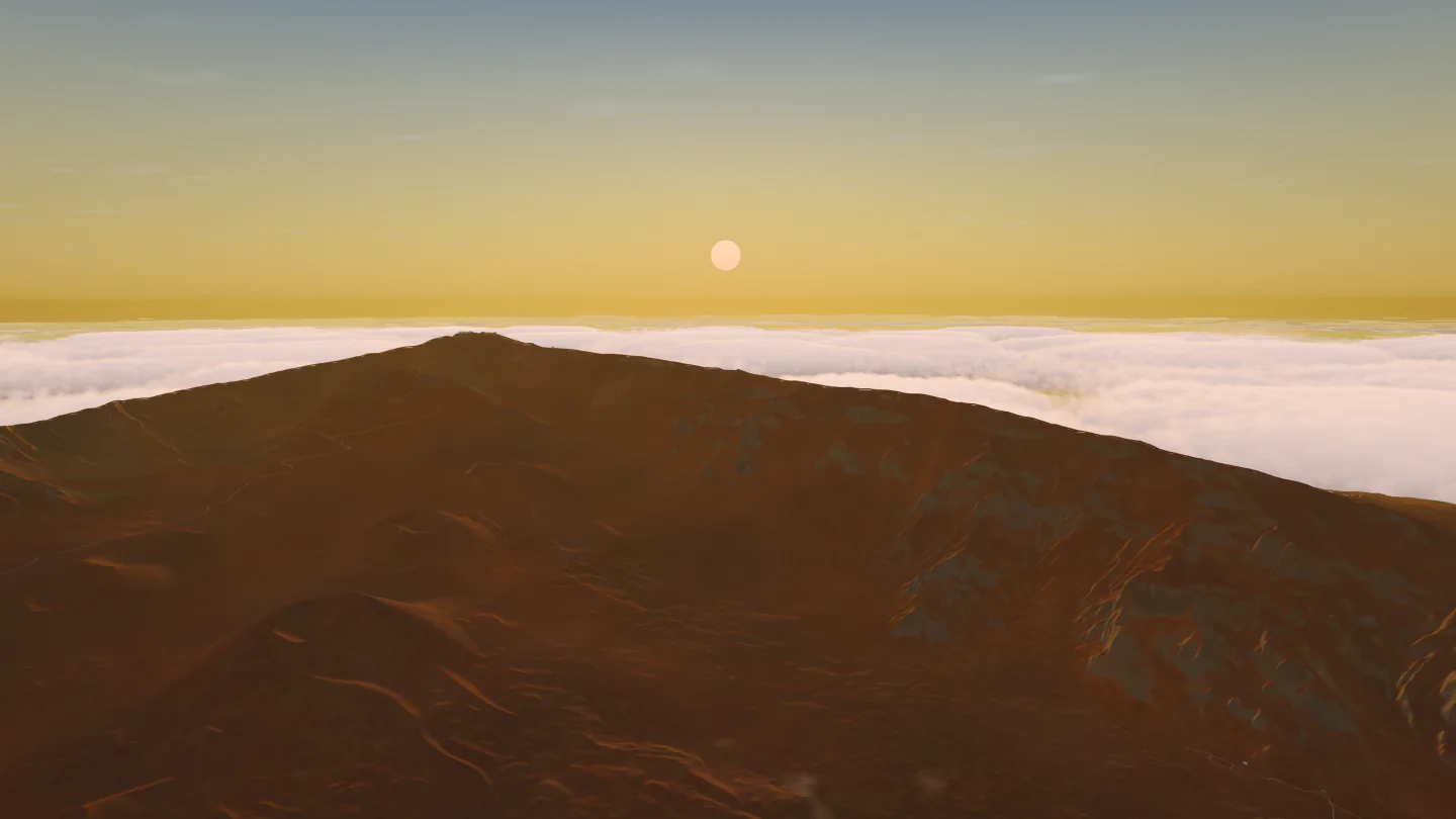 Summit above the clouds at sunset, Haleakalā, United States. Rendered in Low Poly Earth.