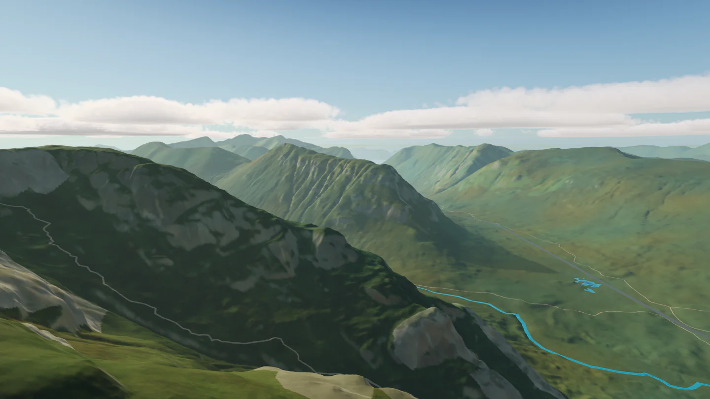 Glen Coe in the afternoon, Glencoe, United Kingdom. Rendered in Low Poly Earth.