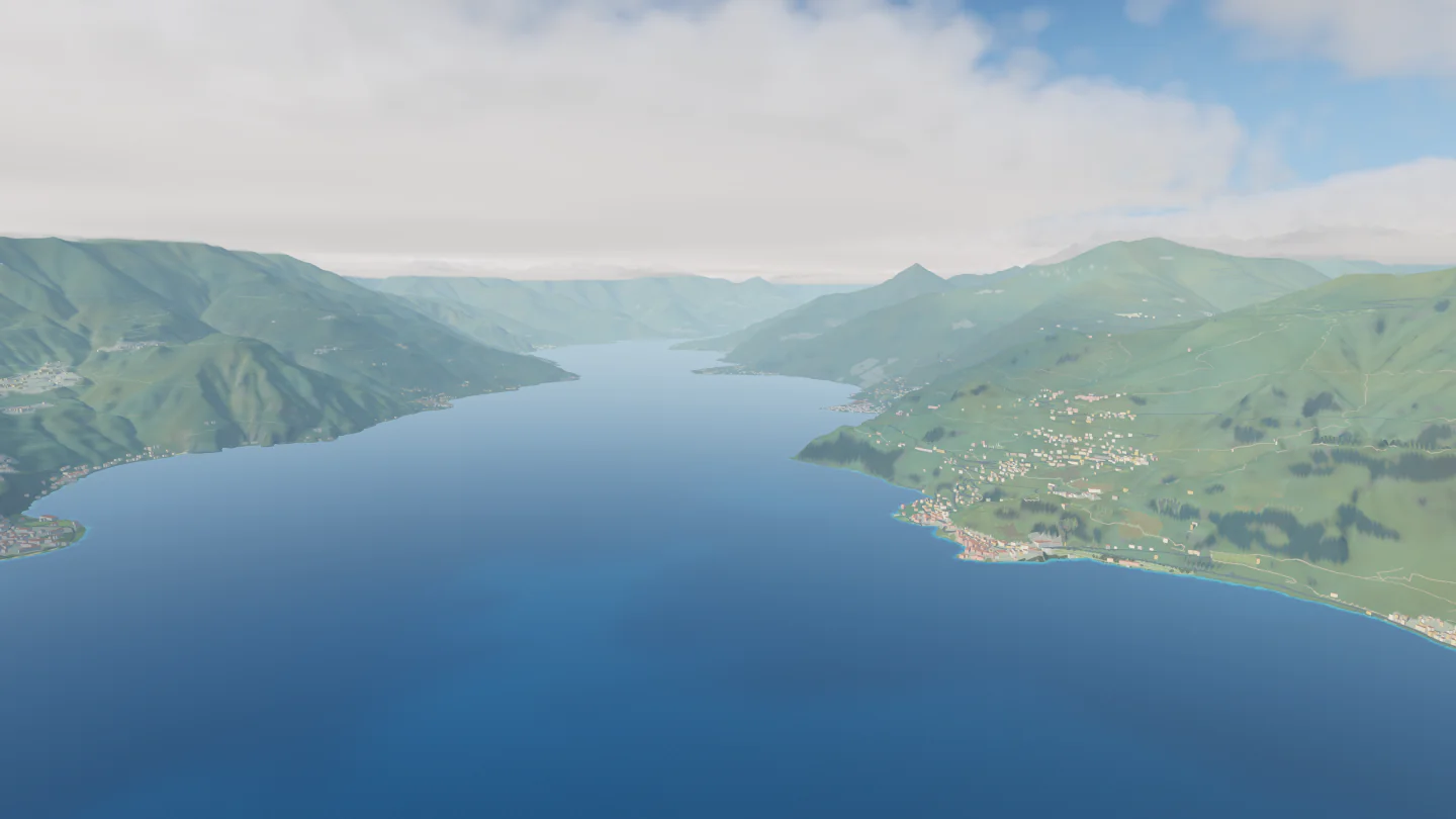 The lake at midday, Lake Como, Italy. Rendered in Low Poly Earth.