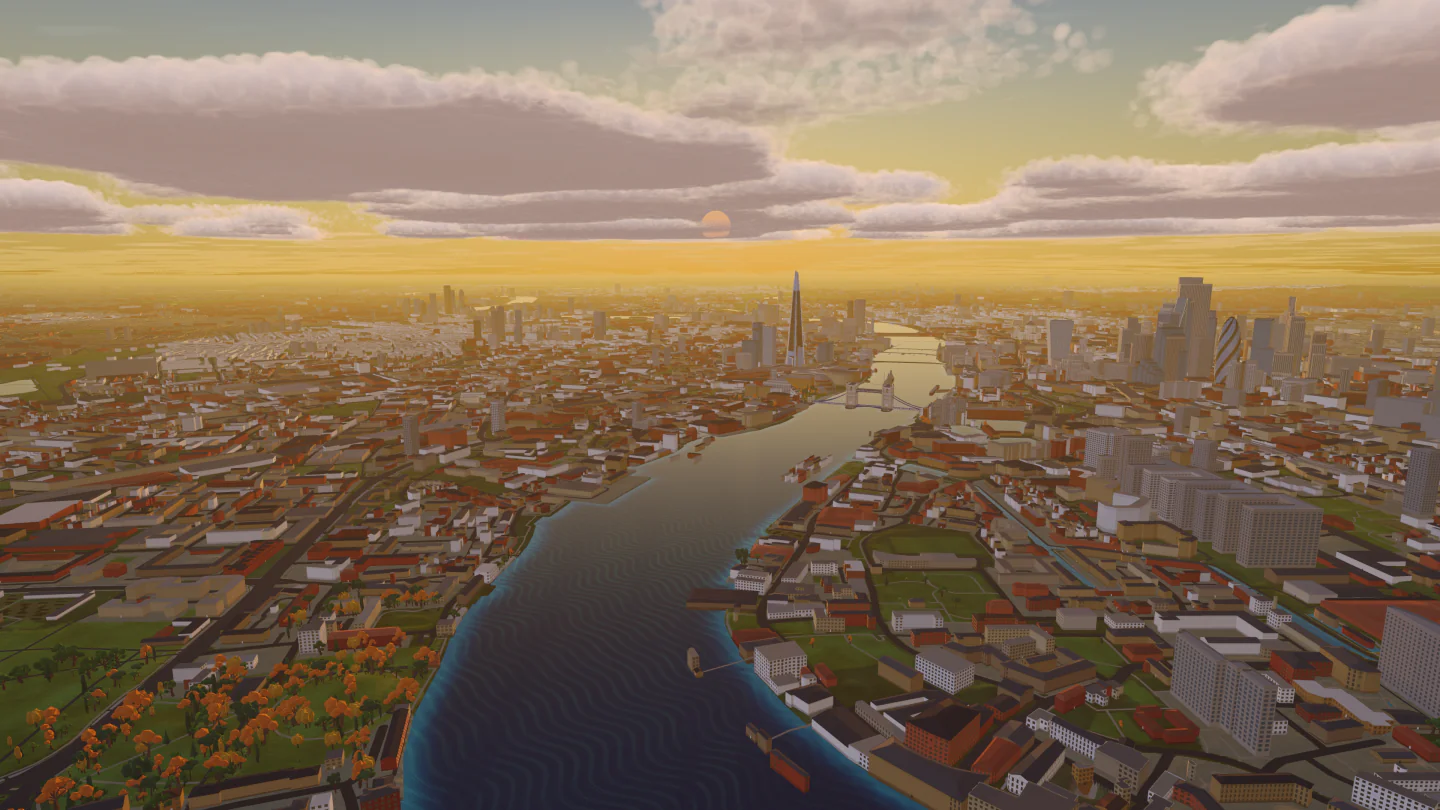 The Thames at sunset, London, United Kingdom. Rendered in Low Poly Earth.