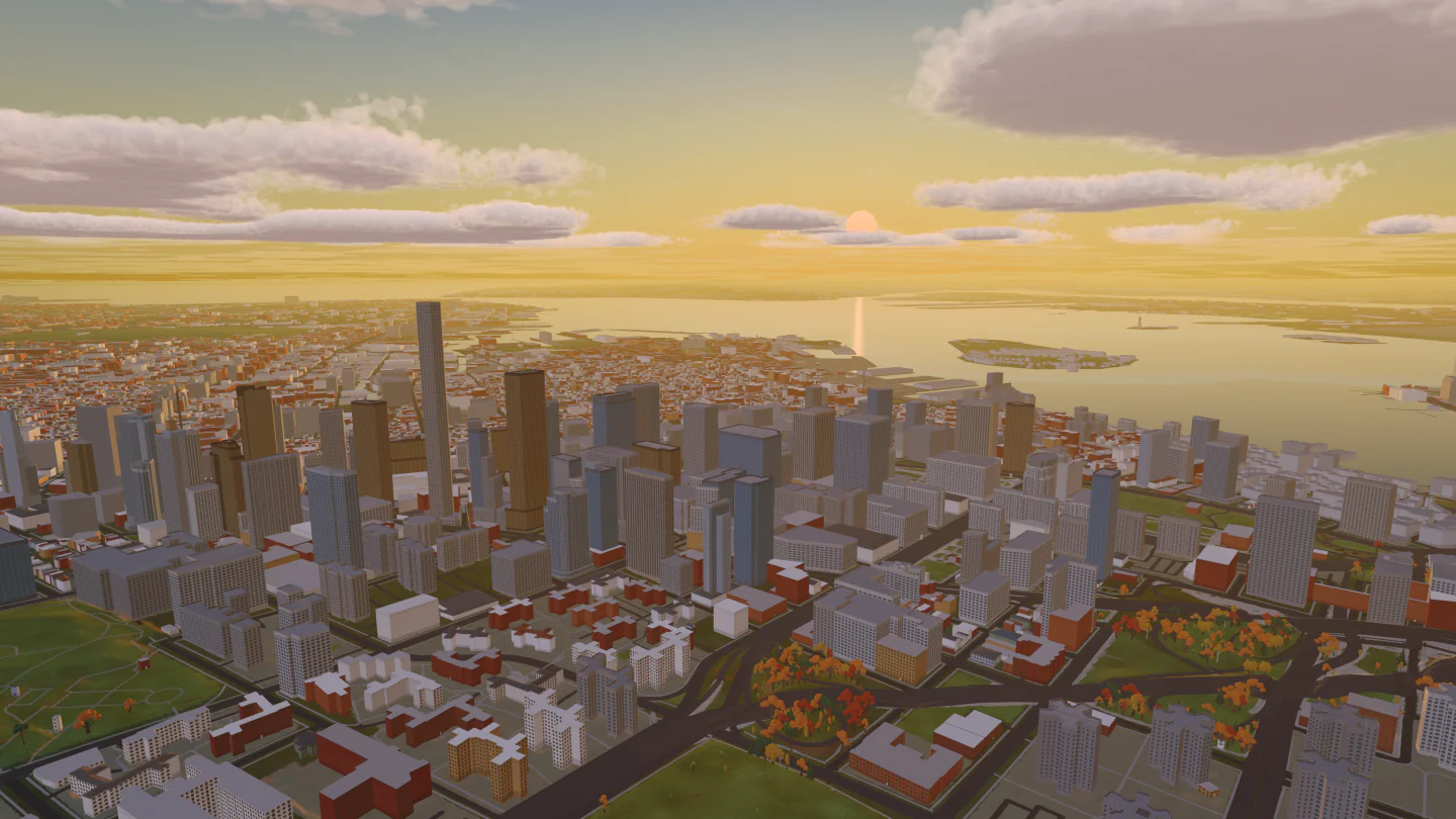 Manhattan at sunset, New York, United States. Rendered in Low Poly Earth.