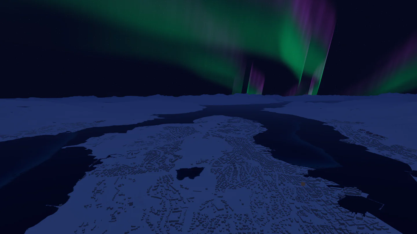 Aurora over the city at night, Tromsø, Norway. Rendered in Low Poly Earth.
